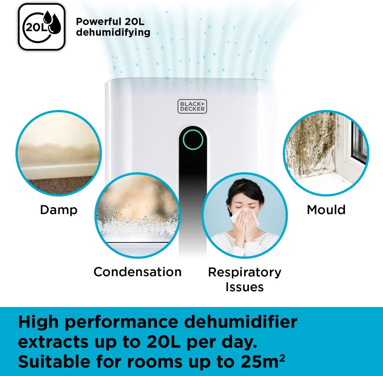 Black & Decker 20L 4 In 1 Extra Large High Performance Dehumidifier (White)