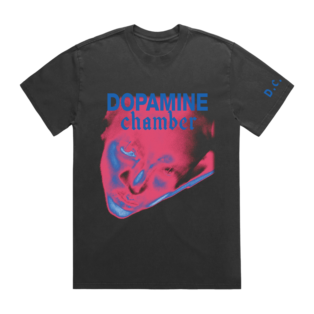 A charcoal gray t-shirt featuring a graphic print of a face in pink and blue
with the text 'DOPAMINE chamber' in blue.