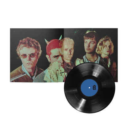 A vinyl record partially pulled from its open sleeve, showing a portrait cover and a black record with a blue center label.
