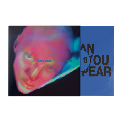 A vinyl record album shown in its sleeve with the record partially pulled out. The sleeve features a colorful, distorted close-up portrait, with the text 'DOPAMINE chamber' in light blue.