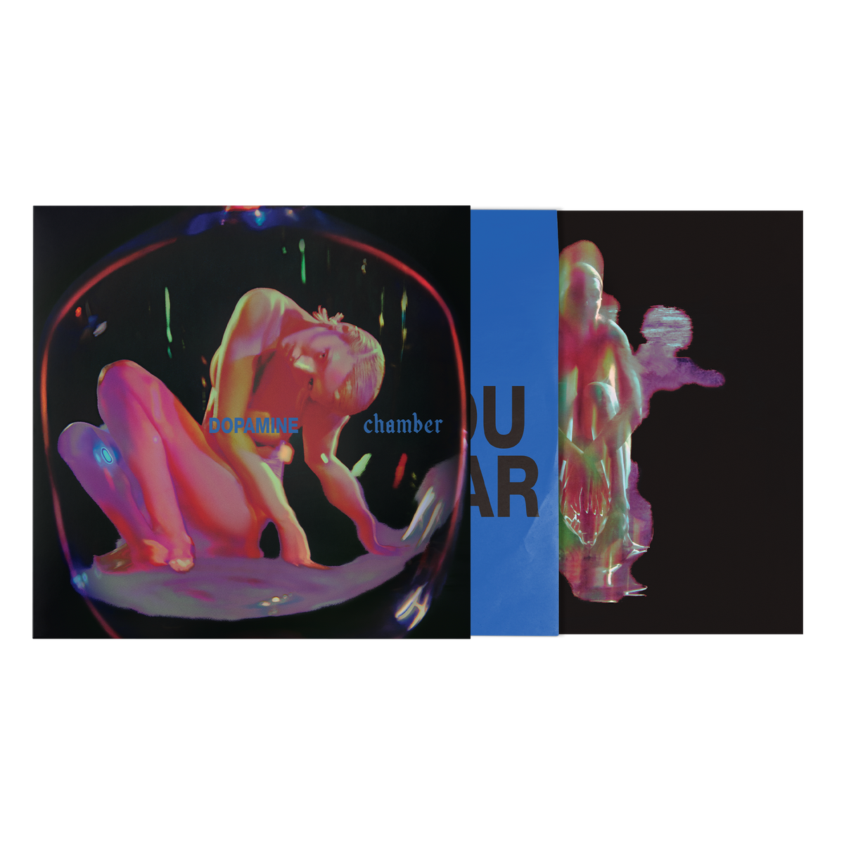 Vinyl cover with neon colorful graphic of a female on a black background with bright blue inner sleeve with bold black text. 