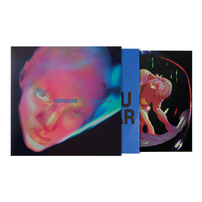 A vinyl record album cover and inner sleeve, neon-toned portrait on the cover and a matching abstract illustration on the inner sleeve.